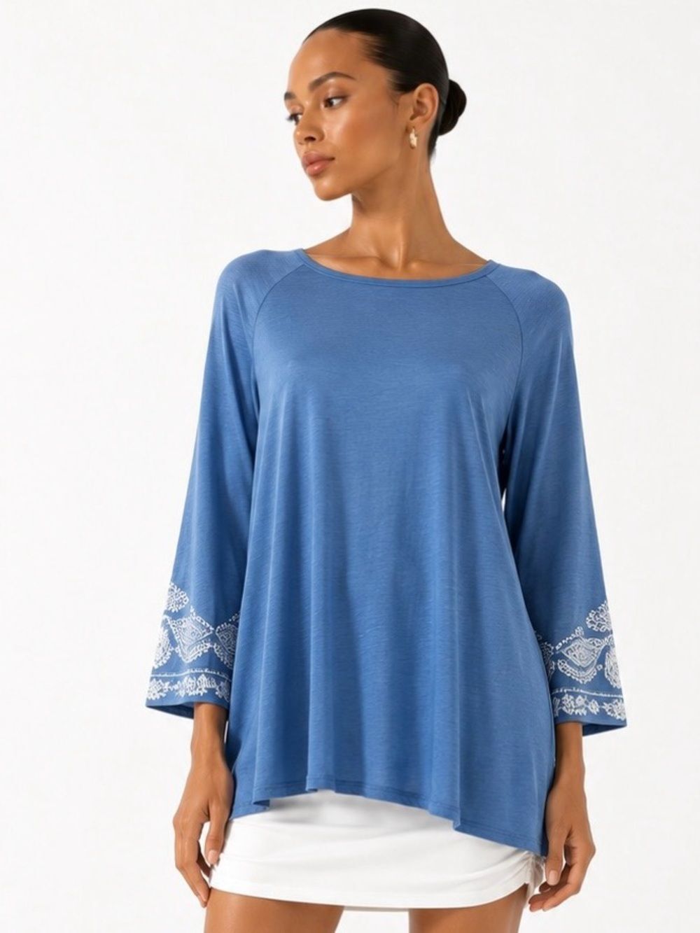J.JILL Blue Embroidered-Sleeve Cotton Tunic Top Size XL